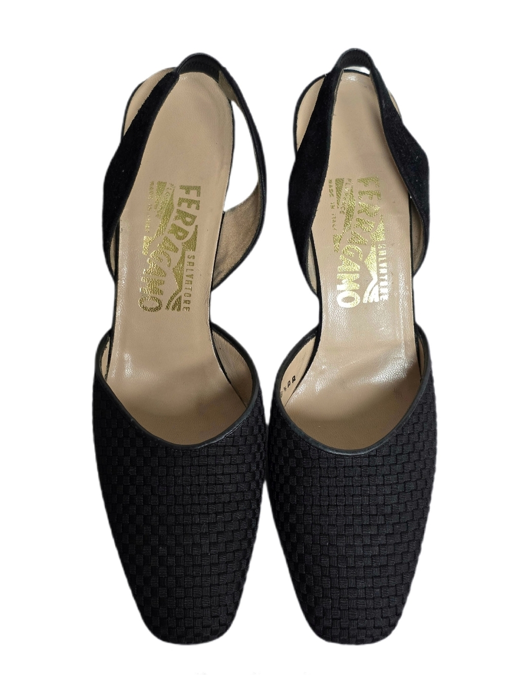 Salvatore Ferragamo Black Textured Slingback Heels 8.5